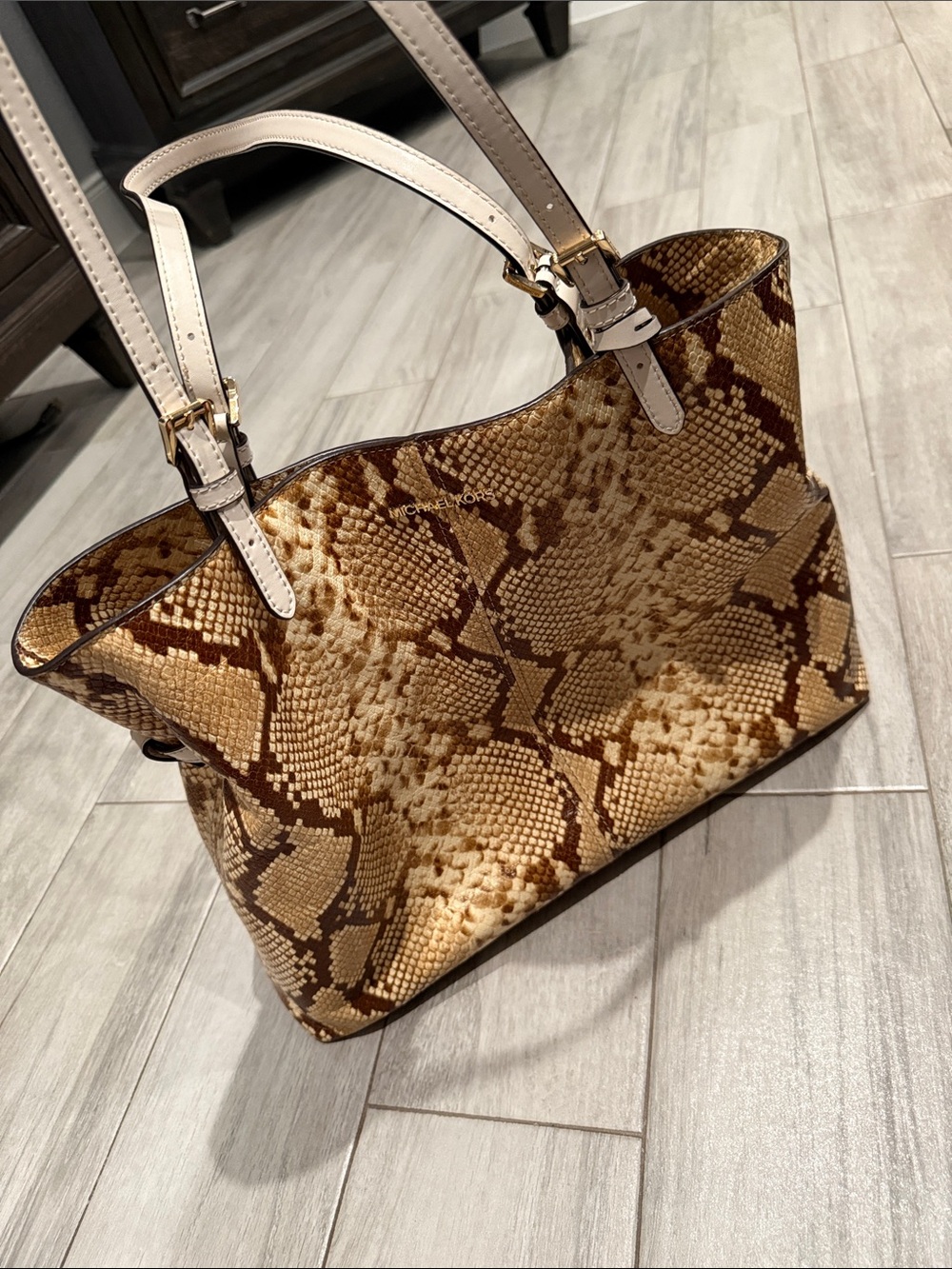 Michael Kors Brown Snake-Print Tote with Cream Handles